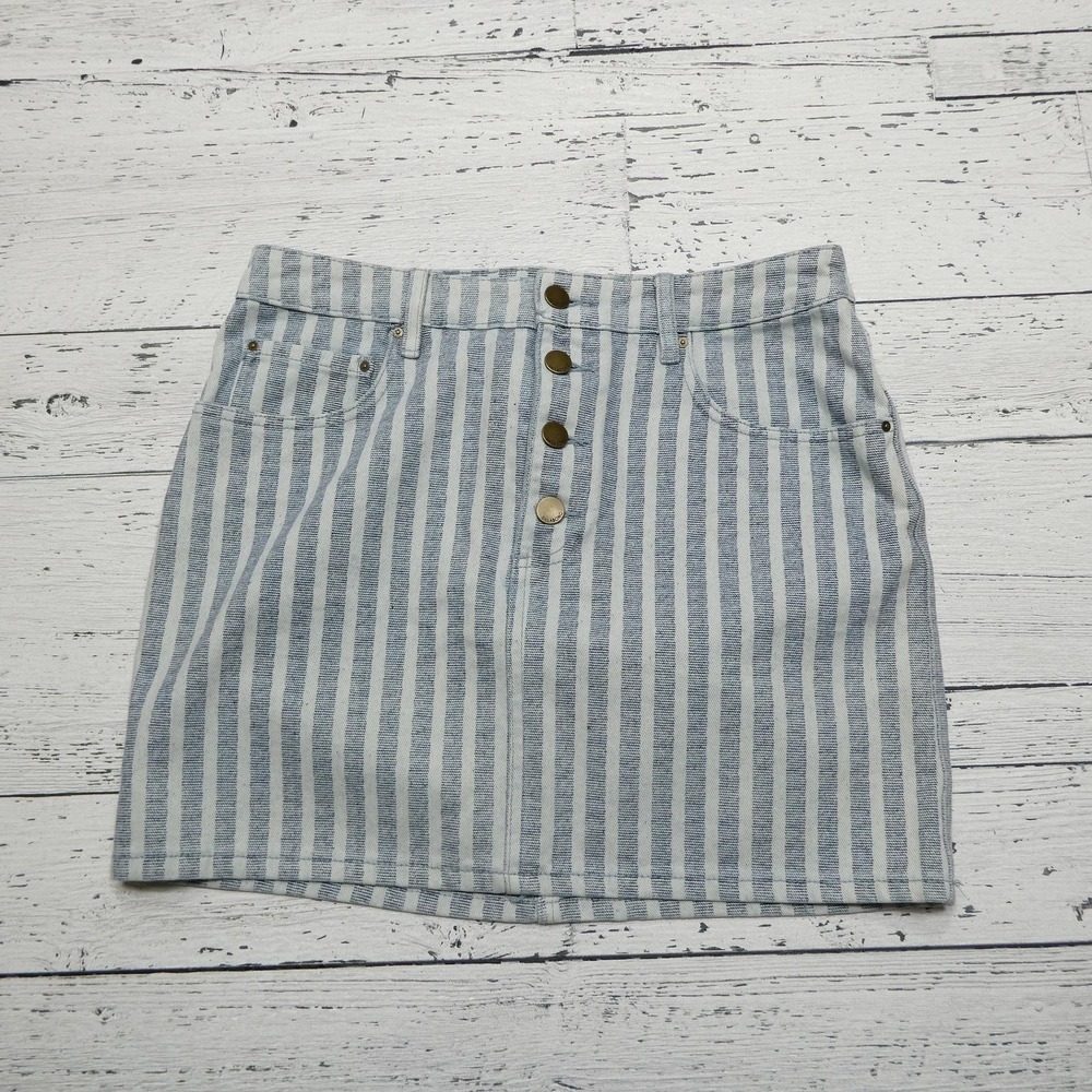 Billabong Skirt Womens 30 Blue White Striped Denim Front Button Mini Casual